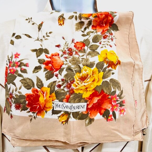 Vigt Yves Saint Laurent Mini Scarf/Handker 100% silk satin, 22"  Beige Flora (17 - Picture 2 of 6